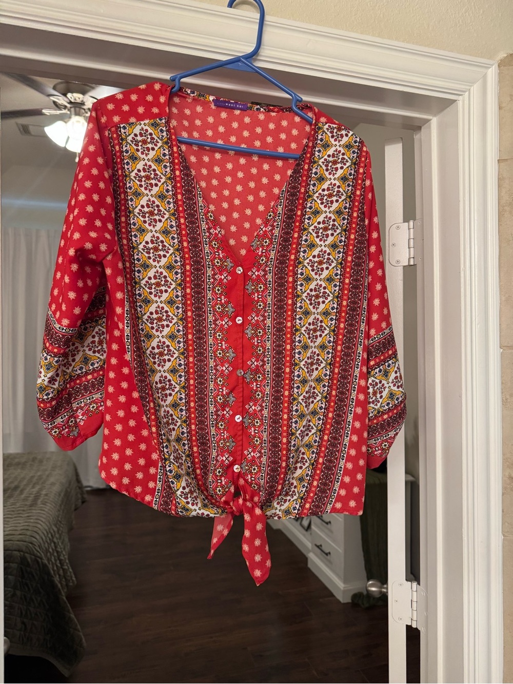 West Kei Red Patterned Tie-Front Blouse